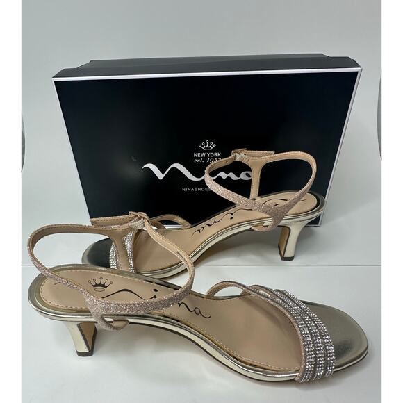 NiNA GOLD METALLIC CRYSTAL STRAPS MID-HEEL SANDALS ANKLE-STRAPS NUDE SIZE 8.5 - Picture 6 of 8